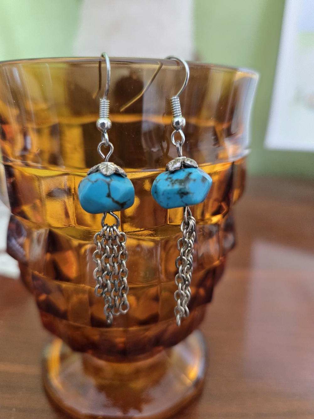 Turquoise Bead Dangle Earrings with Silver Chain Tassels